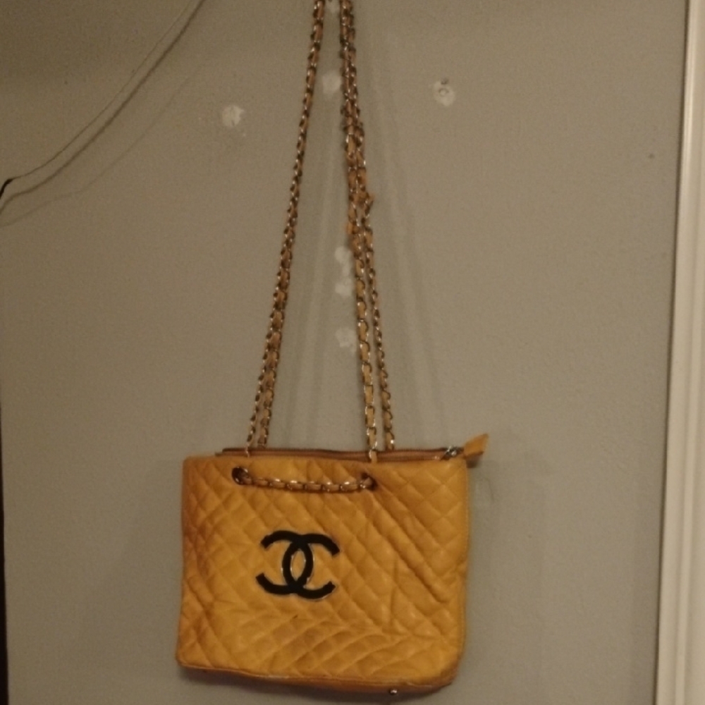 Chanel Yellow Quilted Leather Shoulder Bag with Gold Chain